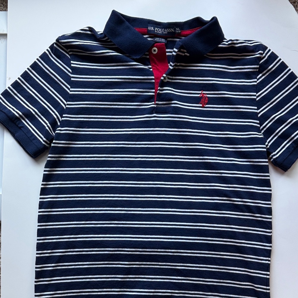 U.S. Polo Assn. Navy & White Striped Polo with Red Accent